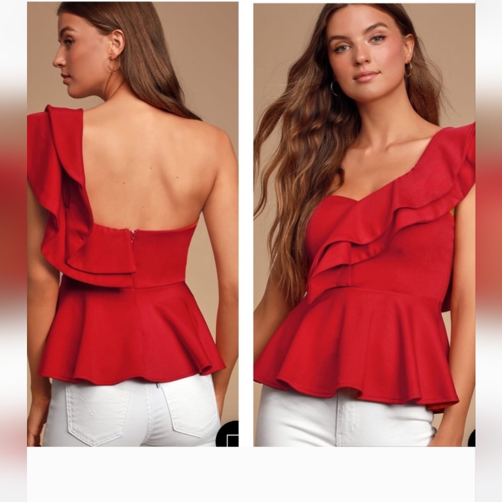 Lulus gas up red one shoulder ruffle peplum top XS